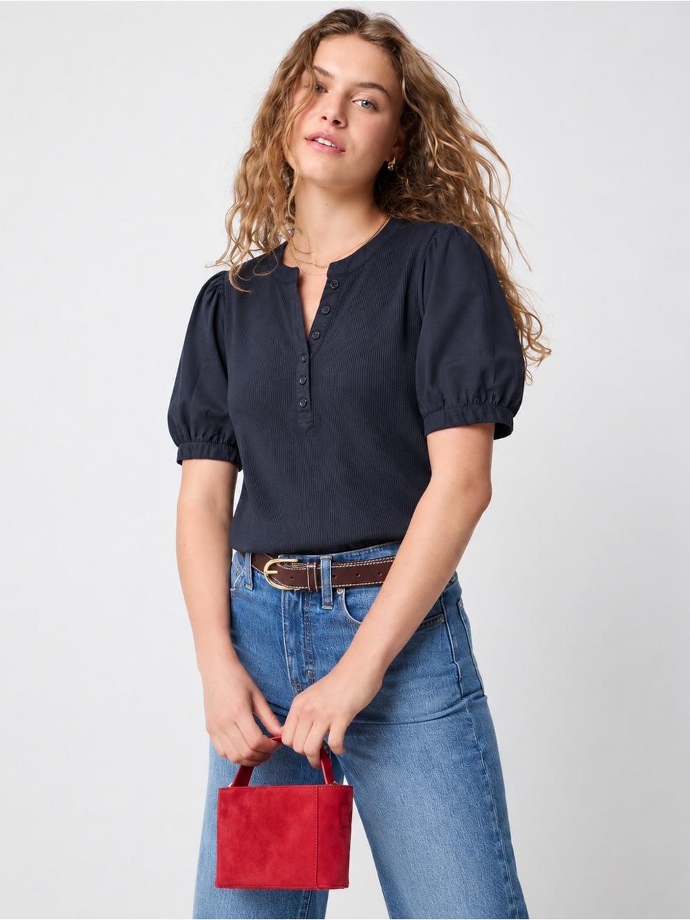 J. Crew Navy Puff-Sleeve Henley Top